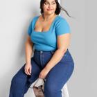 Women's Short Sleeve Rib Fitted Square Neck Baby T-shirt - Wild Fable Blue