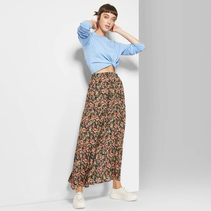 Women's Floral Print Tired Maxi Skirt - Wild Fable Black
