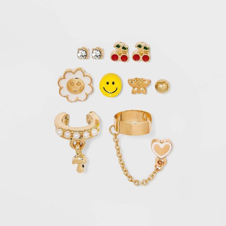Cherry Butterfly Smiley Face Cuff And Stud Earring Set 10pc - Wild Fable , Red