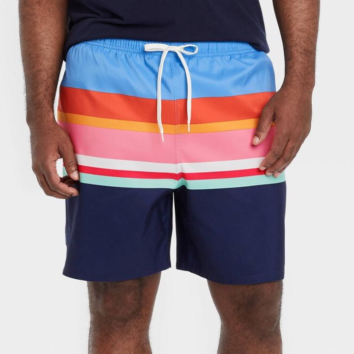 Men's Big & Tall 7 Striped Swim Trunks - Goodfellow & Co Blue