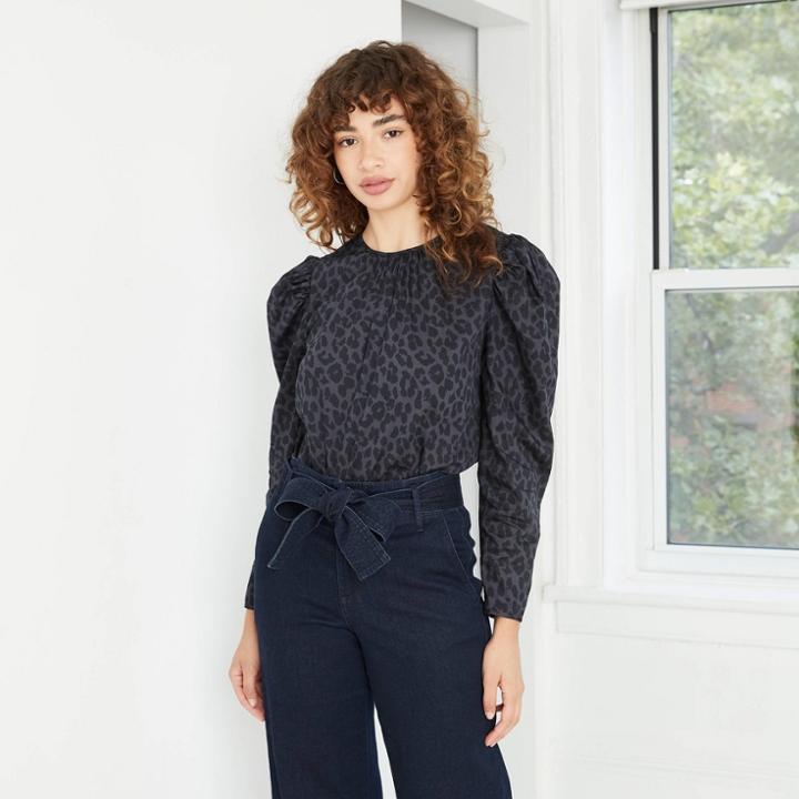 Women's Leopard Print Puff Long Sleeve Top - A New Day Black