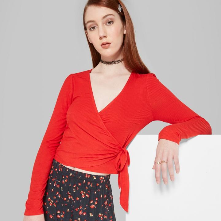 Women's Striped Long Sleeve Faux Wrap V-neck Top - Wild Fable Red