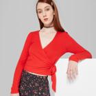Women's Striped Long Sleeve Faux Wrap V-neck Top - Wild Fable Red