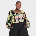 Women's Plus Size Balloon Long Sleeve Bardot Top - Who What Wear Black Floral