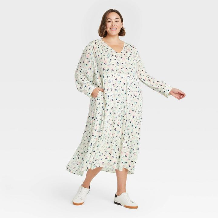 Women's Plus Size Printed Long Sleeve Tiered Dress - A New Day Cream
