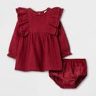 Baby Girls' Gauze Long Sleeve Dress - Cat & Jack Maroon Newborn, Red