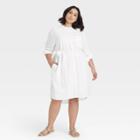 Women's Plus Size Long Sleeve Tie Waist Shirtdress - A New Day Fresh White