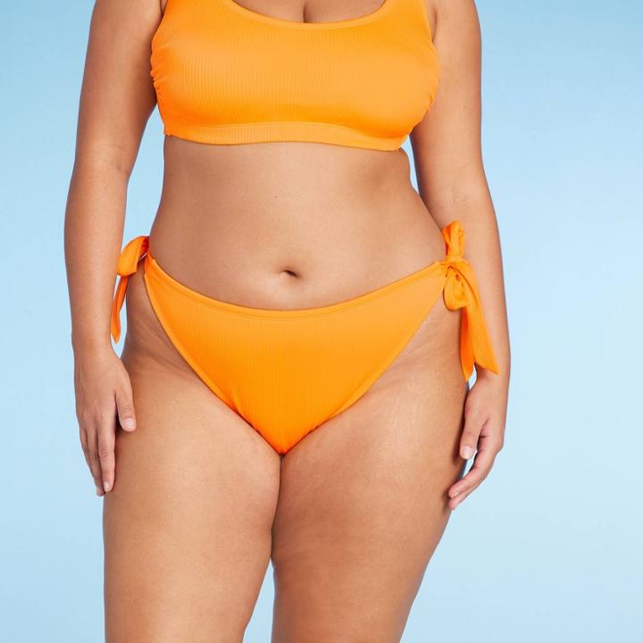 Women's Ribbed Side-tie Scoop Front High Leg Cheeky Bikini Bottom - Wild Fable Orange