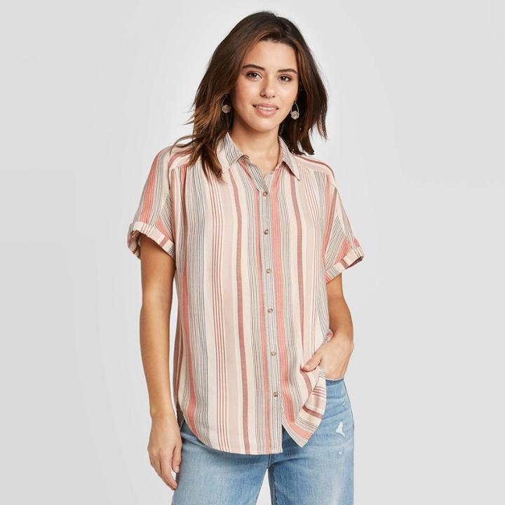 Women's Striped Short Sleeve Button-down Camp Shirt - Universal Thread Cream Xs, Women's, Beige