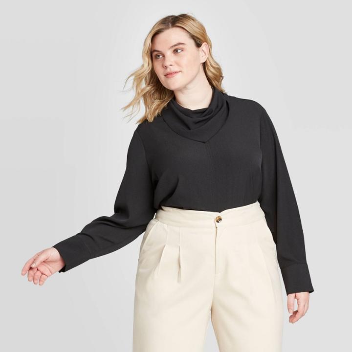 Women's Plus Size Long Sleeve Scarf Crewneck Blouse - Who What Wear Black 1x, Women's,
