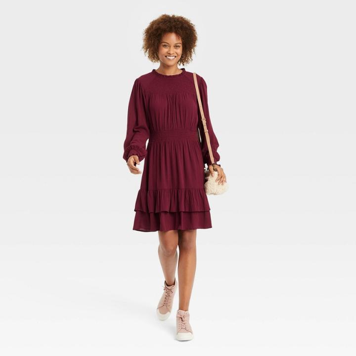 Women's Long Bishop Sleeve Smocked Dress - Knox Rose Maroon Solid