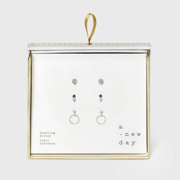 Sterling Silver With Cubic Zirconia Hoop And Studs Trio Earring Set - A New Day