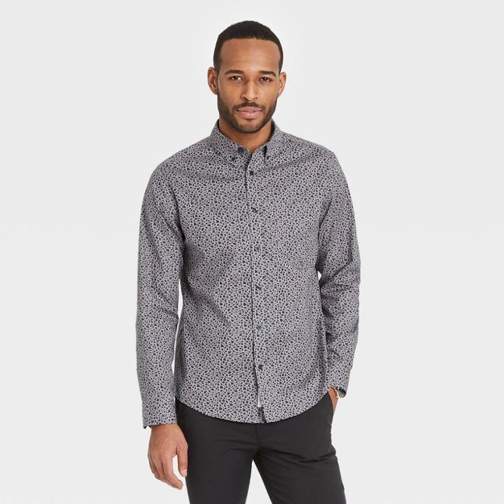 Men's Floral Print Standard Fit Stretch Poplin Long Sleeve Button-down Shirt - Goodfellow & Co Athens Blue