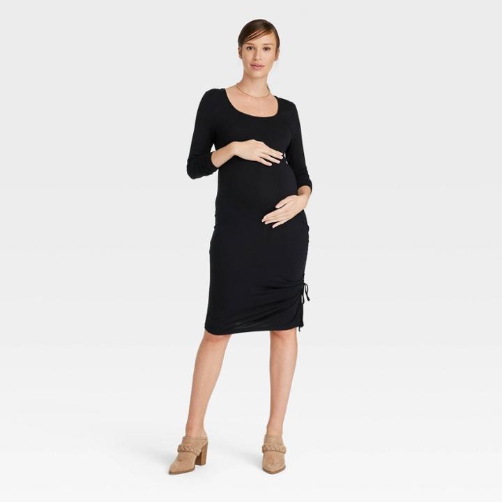 Long Sleeve Rushed Bodycon Maternity Dress - Isabel Maternity By Ingrid & Isabel Black