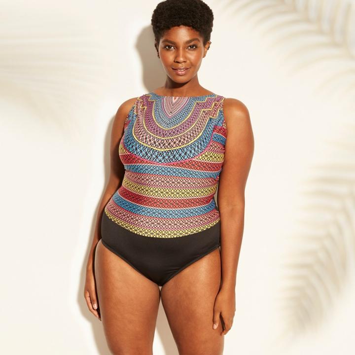Women's Plus Size High Neck One Piece Swimsuit - Clean Water Geo Print