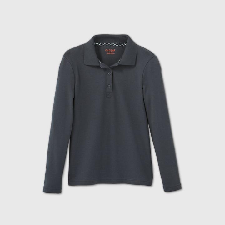 Girls' Long Sleeve Interlock Uniform Polo Shirt - Cat & Jack Gray