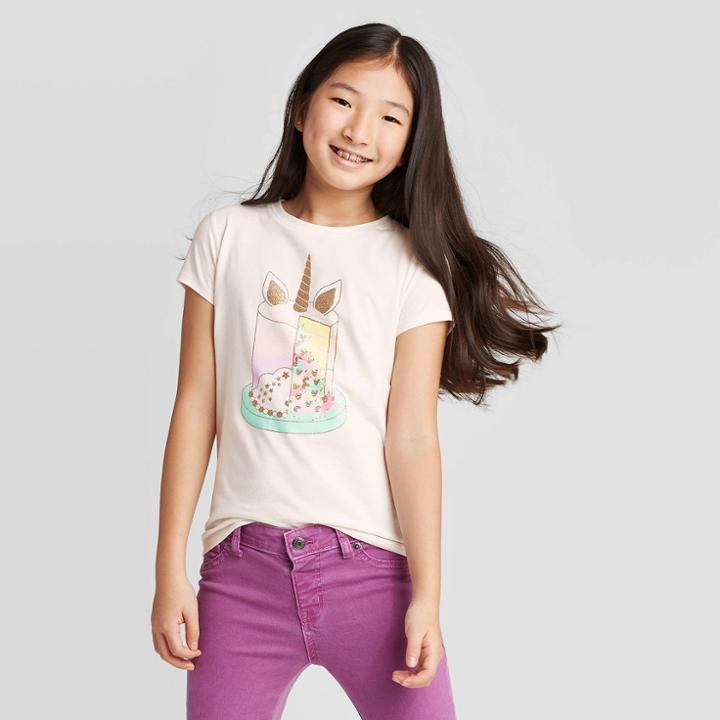 Petitegirls' Short Sleeve Unicorn Cake Graphic T-shirt - Cat & Jack Cream M, Girl's, Size: