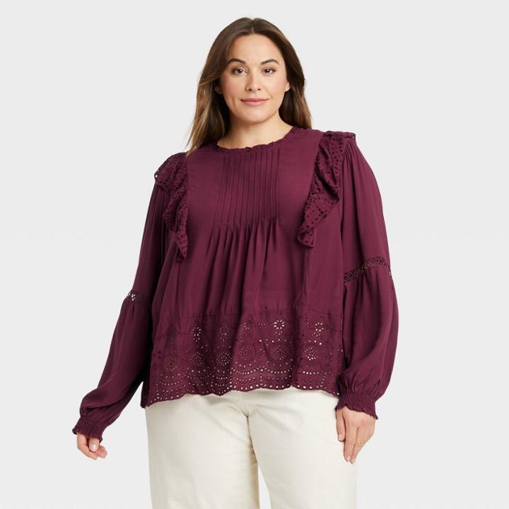 Women's Plus Size Long Sleeve Eyelet Blouse - Knox Rose