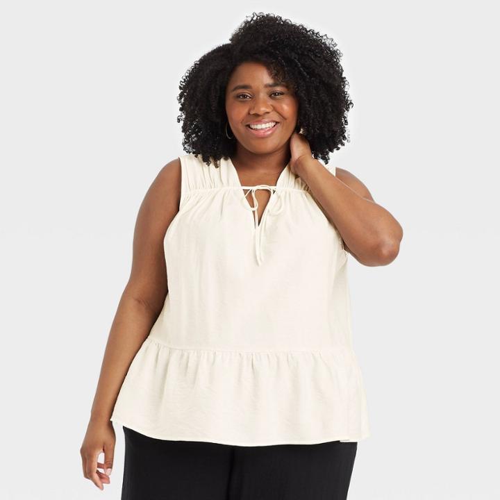 Women's Plus Size Sleeveless Smocked V-neck Top - A New Day White