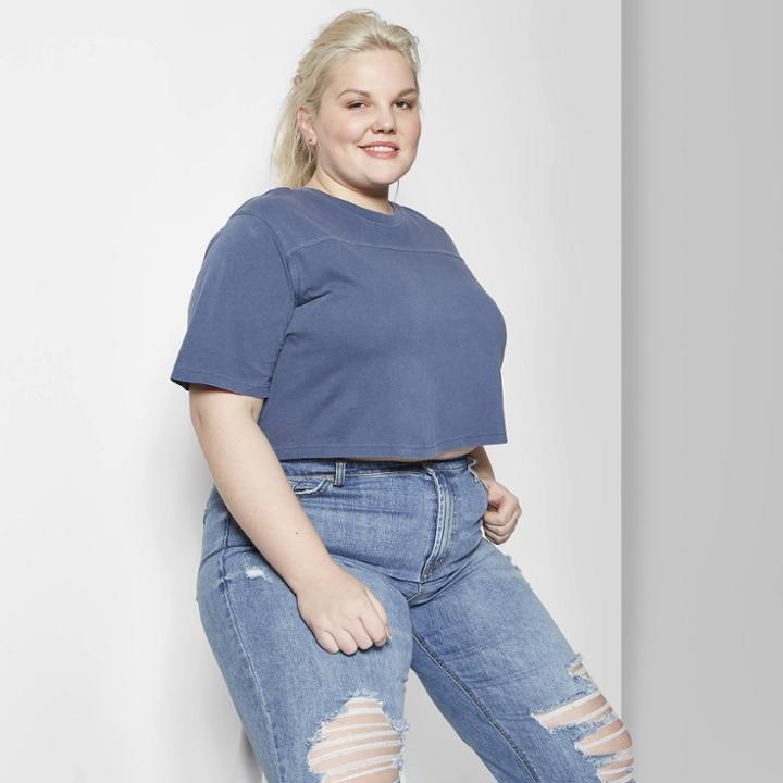 Women's Plus Size Short Sleeve Crew Neck Football T-shirt - Wild Fable Blue