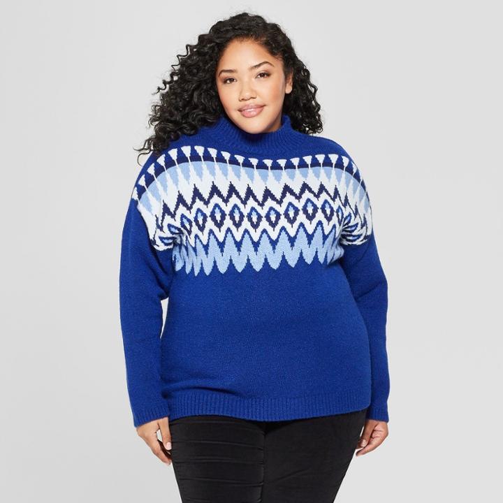 Plus Size Women's Plus Fairisle Long Sleeve Sweater - Ava & Viv Blue X