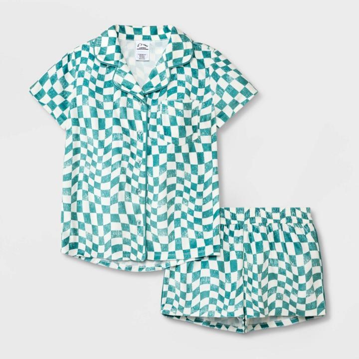 Girls' Checkered Short Sleeve Pajama Set - Art Class Green