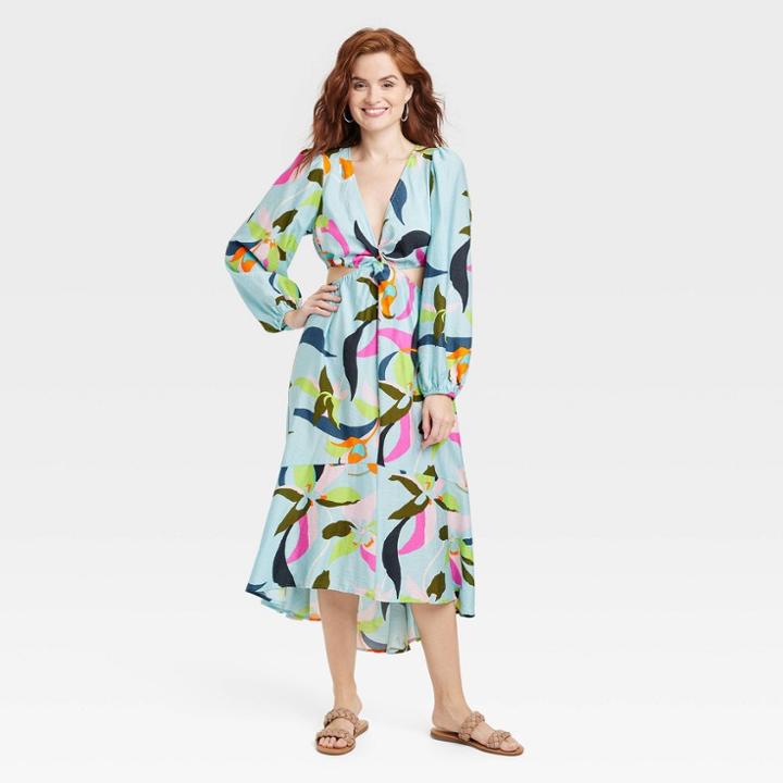 Women's Long Sleeve Twist Cut Out Dress - A New Day Blue Floral