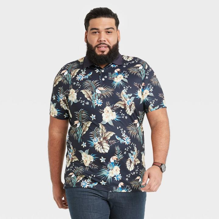 Men's Big & Tall Botanical Print Short Sleeve Crewneck Performance Polo Shirt - Goodfellow & Co Navy/bird