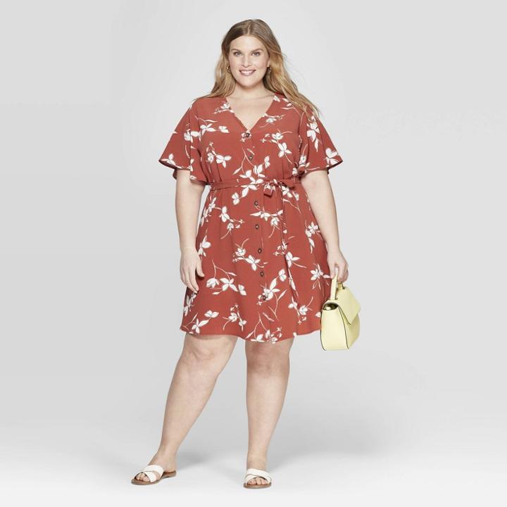 Women's Plus Size Floral Print Button Front Dress - Ava & Viv Brown