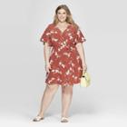 Women's Plus Size Floral Print Button Front Dress - Ava & Viv Brown