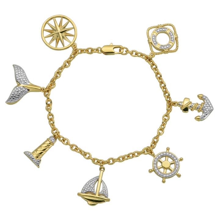 Prime Art & Jewel 18k Yellow Gold Over Fine Silver Plated Bronze Nautical Sealife Charm Bracelet