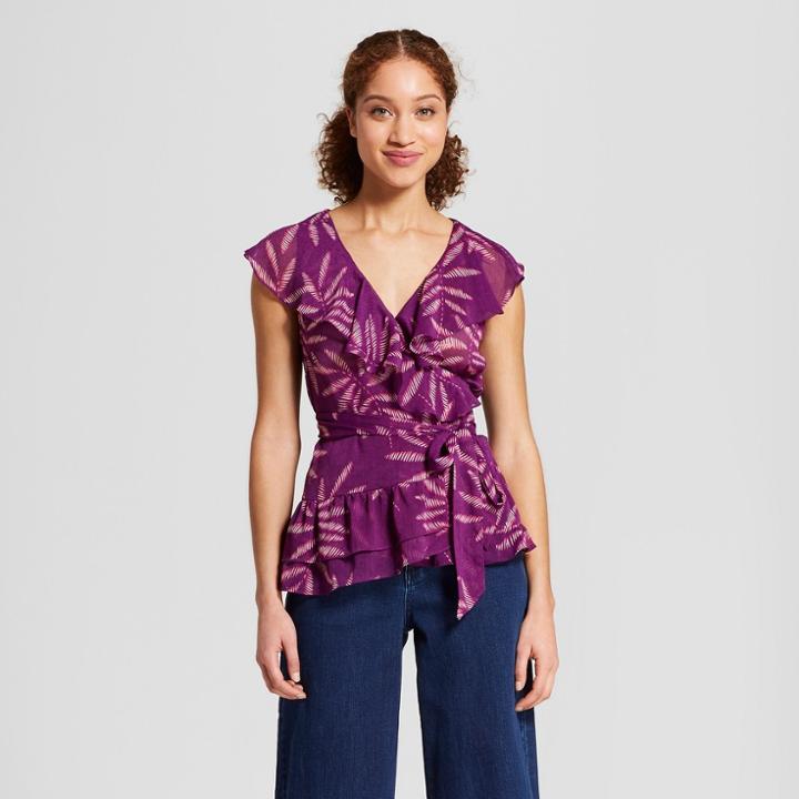 Women's Printed Sleeveless Ruffle Wrap Blouse - A New Day Purple