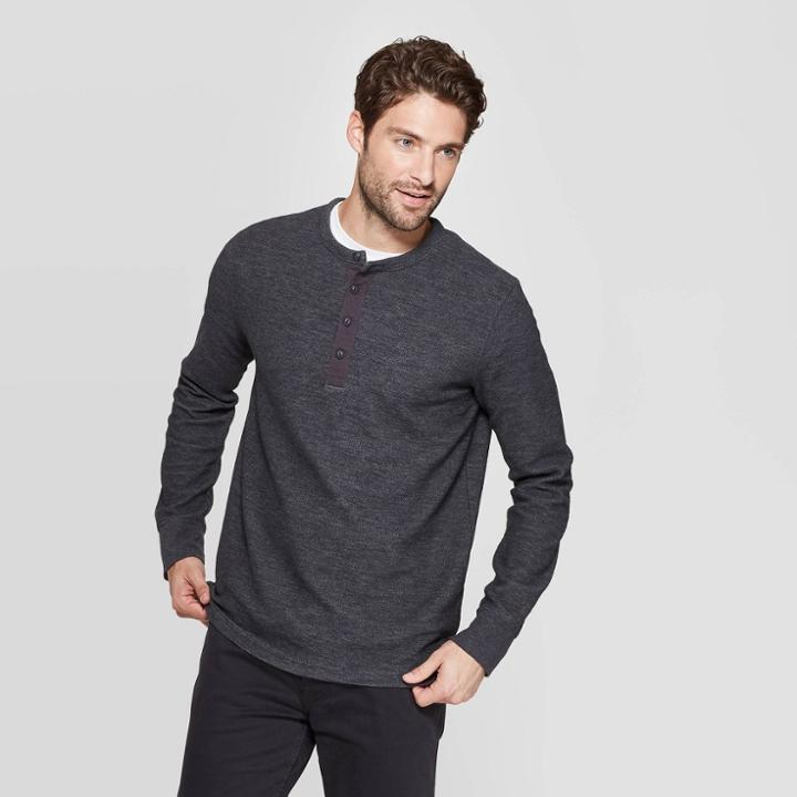 Men's Regular Fit Long Sleeve Textured Henley Shirt - Goodfellow & Co Railroad Gray
