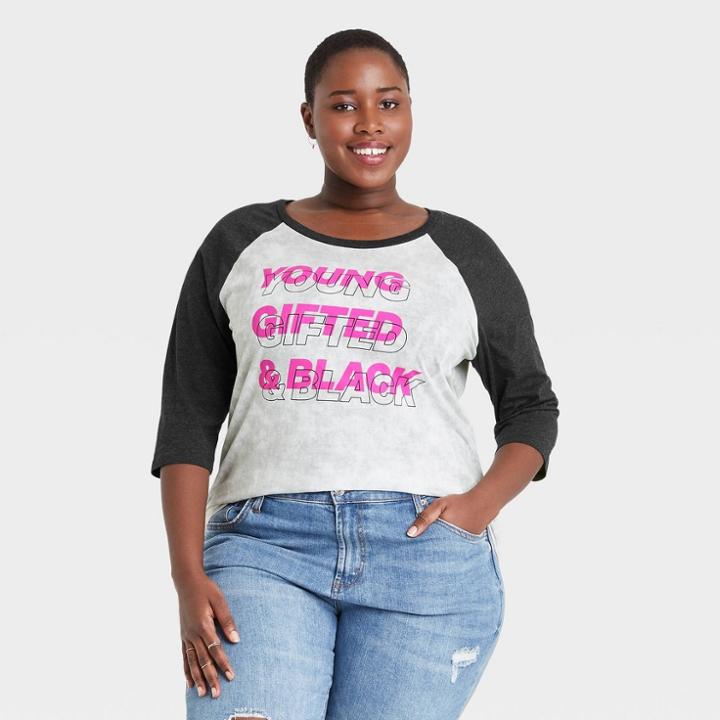 Well Worn Black History Month Women's Plus 'young Gifted And Black' 3/4 Sleeve Graphic T-shirt - Charcoal Heather