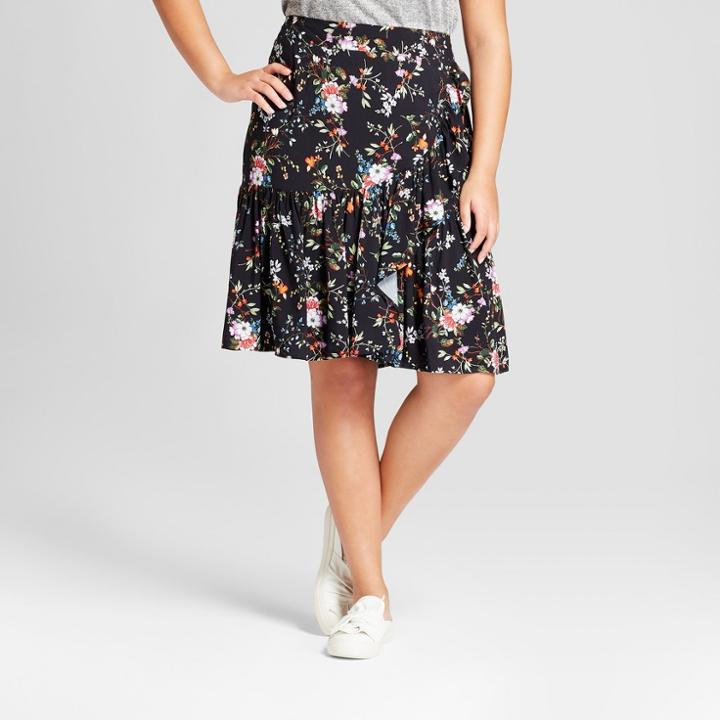 Women's Plus Size Floral Print Ruffle Mini Skirt - A New Day Black 4x,
