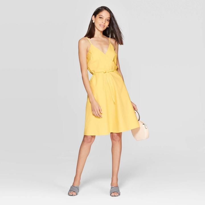 Women's Sleeveless V-neck Wrap Dress - A New Day Yellow