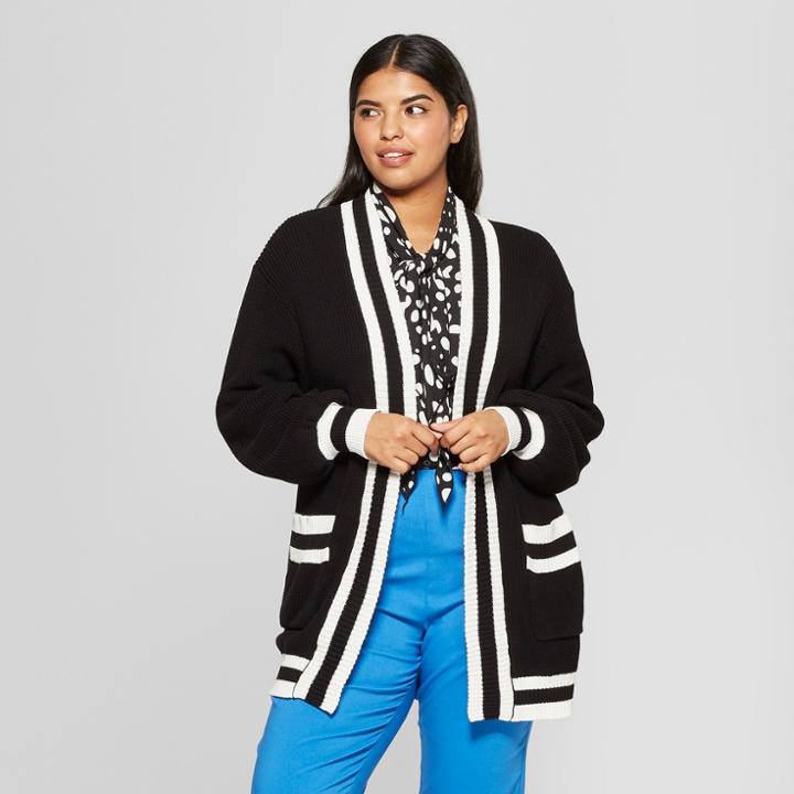 Women's Plus Size Striped Long Sleeve Varsity Cardigan - Who What Wear Black