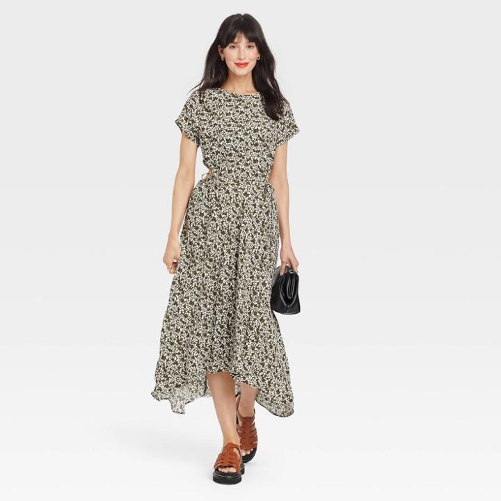 Women's Short Sleeve Cut Out Dress - A New Day Dark Green Floral