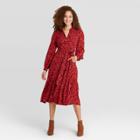 Women's Floral Print Long Sleeve Tie Waist Shirtdress- A New Day Red