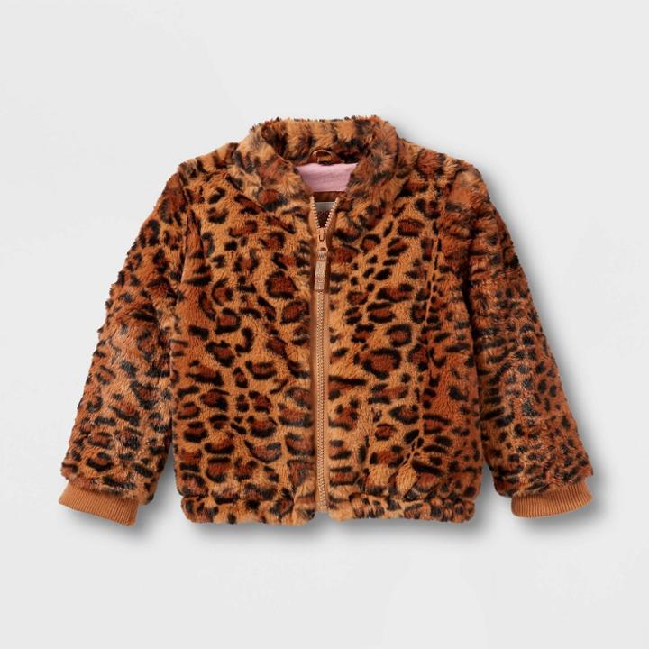 Toddler Girls' Leopard Spot Long Sleeve Faux Fur Jacket - Cat & Jack Brown