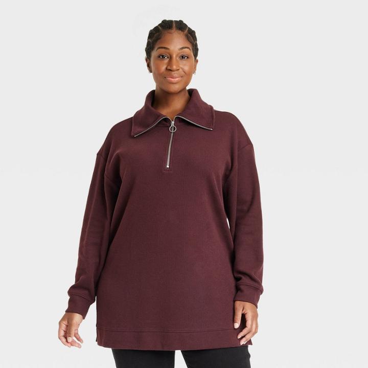 Women's Plus Size Ribbed Quarter Zip Tunic Sweatshirt - Ava & Viv Grape Purple X