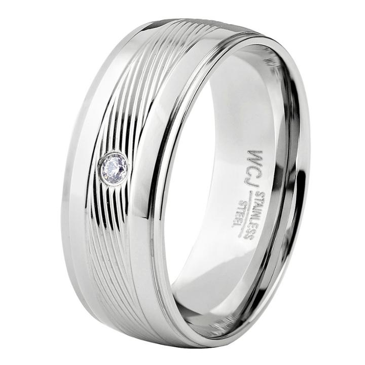 Men's West Coast Jewelry Stainless Steel Cubic Zirconia Diagonally Striped Center Band