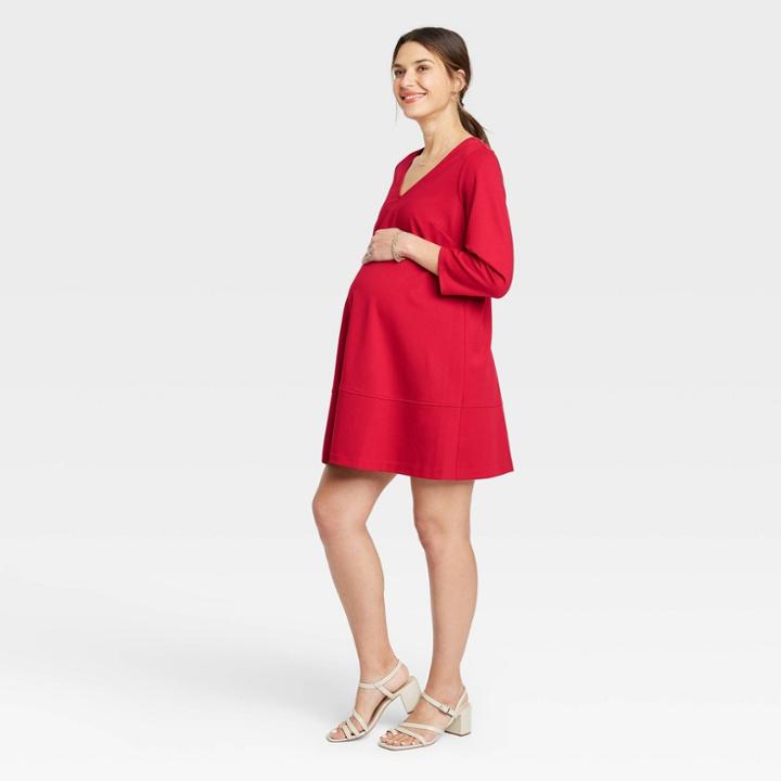The Nines By Hatch 3/4 Sleeve Fit & Flare Ponte Maternity Dress Red