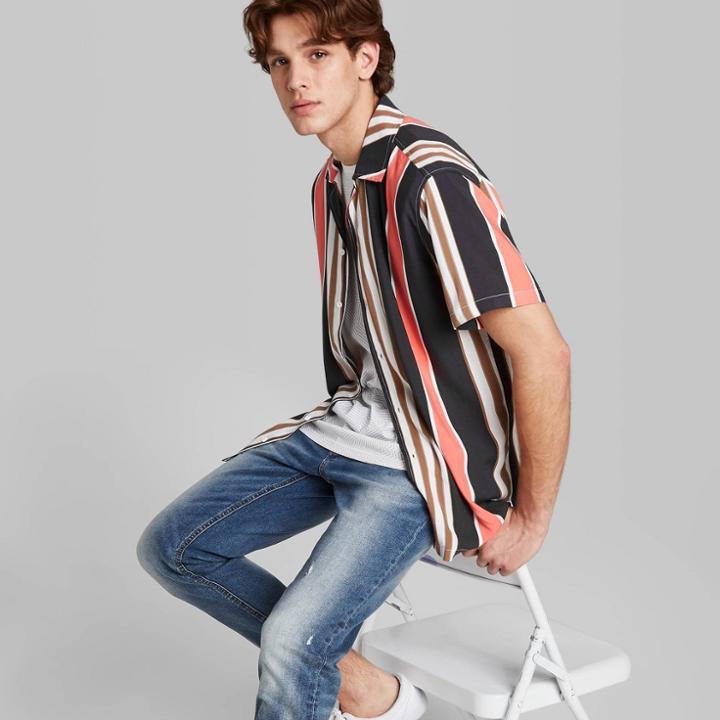 Men's Striped Short Sleeve Challis Button-down Shirt - Original Use Black S, Men's,