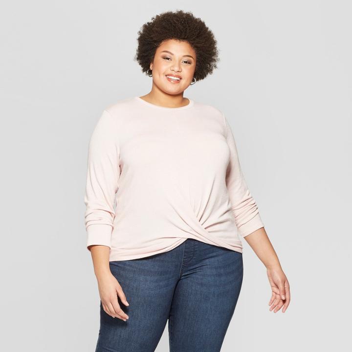 Women's Plus Size Long Sleeve Scoop Neck Twisted Knit Top - Ava & Viv Pink
