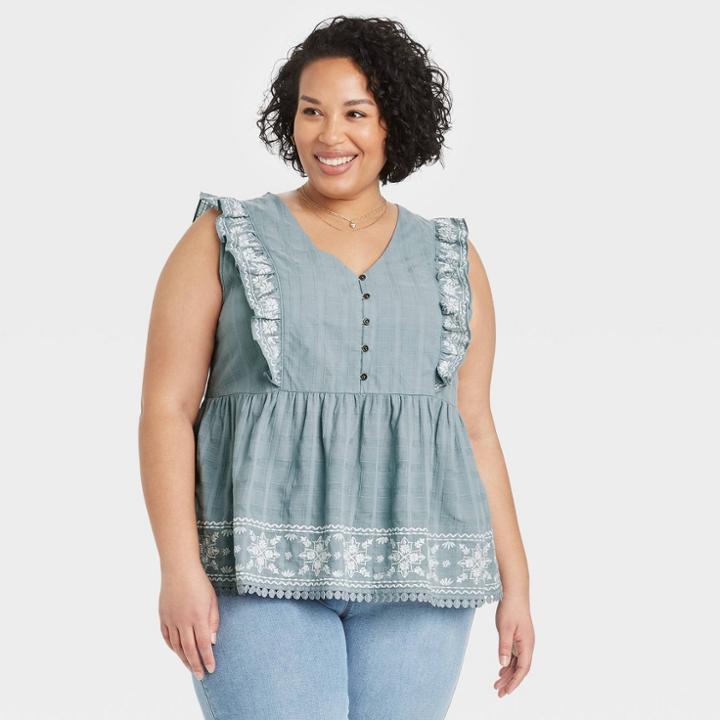 Women's Plus Size Flutter Sleeveless Embroidered V-neck Blouse - Knox Rose