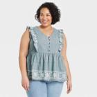 Women's Plus Size Flutter Sleeveless Embroidered V-neck Blouse - Knox Rose