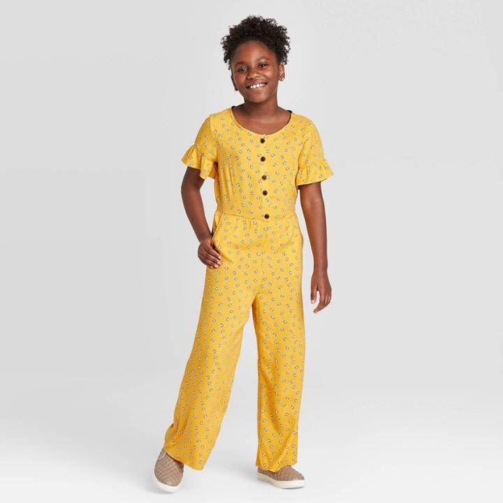 Petitegirls' Short Sleeve Jumpsuit - Cat & Jack Mustard Yellow M, Girl's,