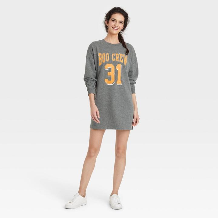 Grayson Threads Women's Boo Crew Long Sleeve Graphic Sweatshirt Dress - Gray