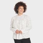 Women's Plus Size Polka Dot Long Sleeve Pintuck Top - A New Day White